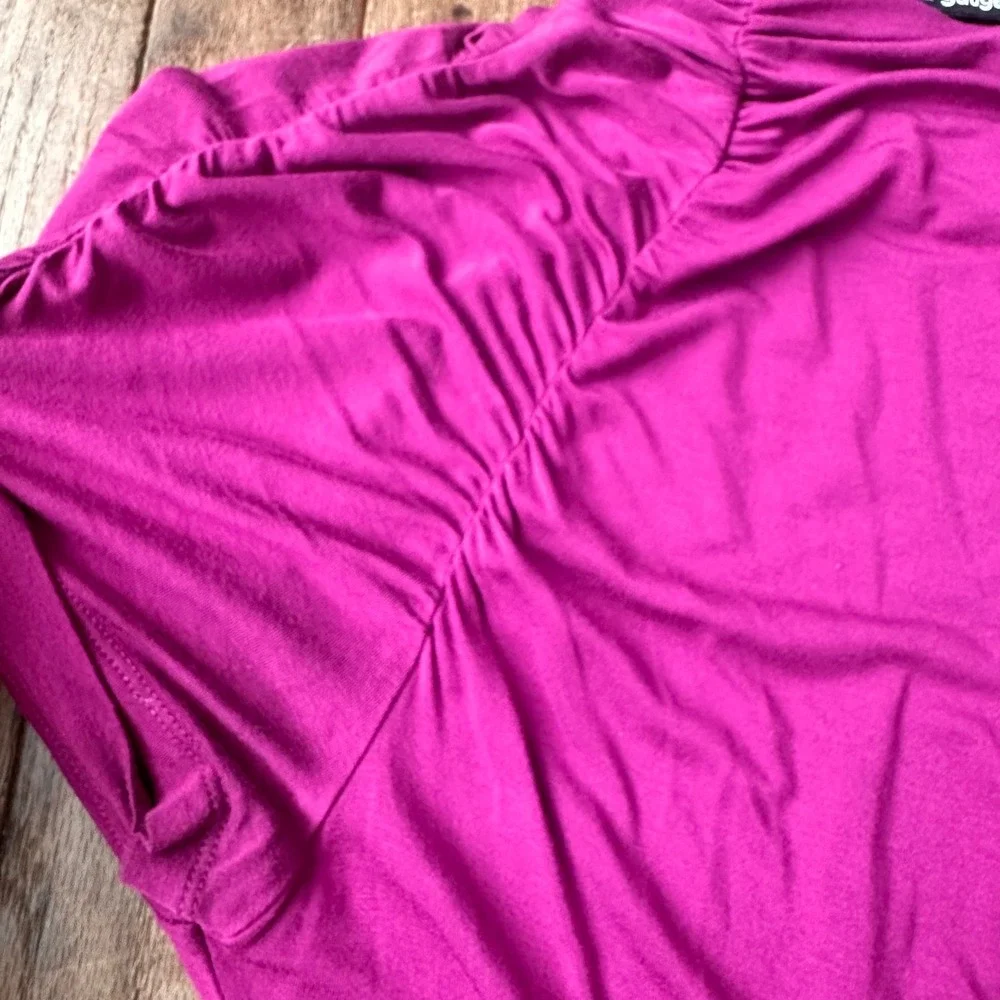Y2K Cable & Gauge Ruched Sleeve Top Women S Mock Neck Stretch Magenta Barbiecore
